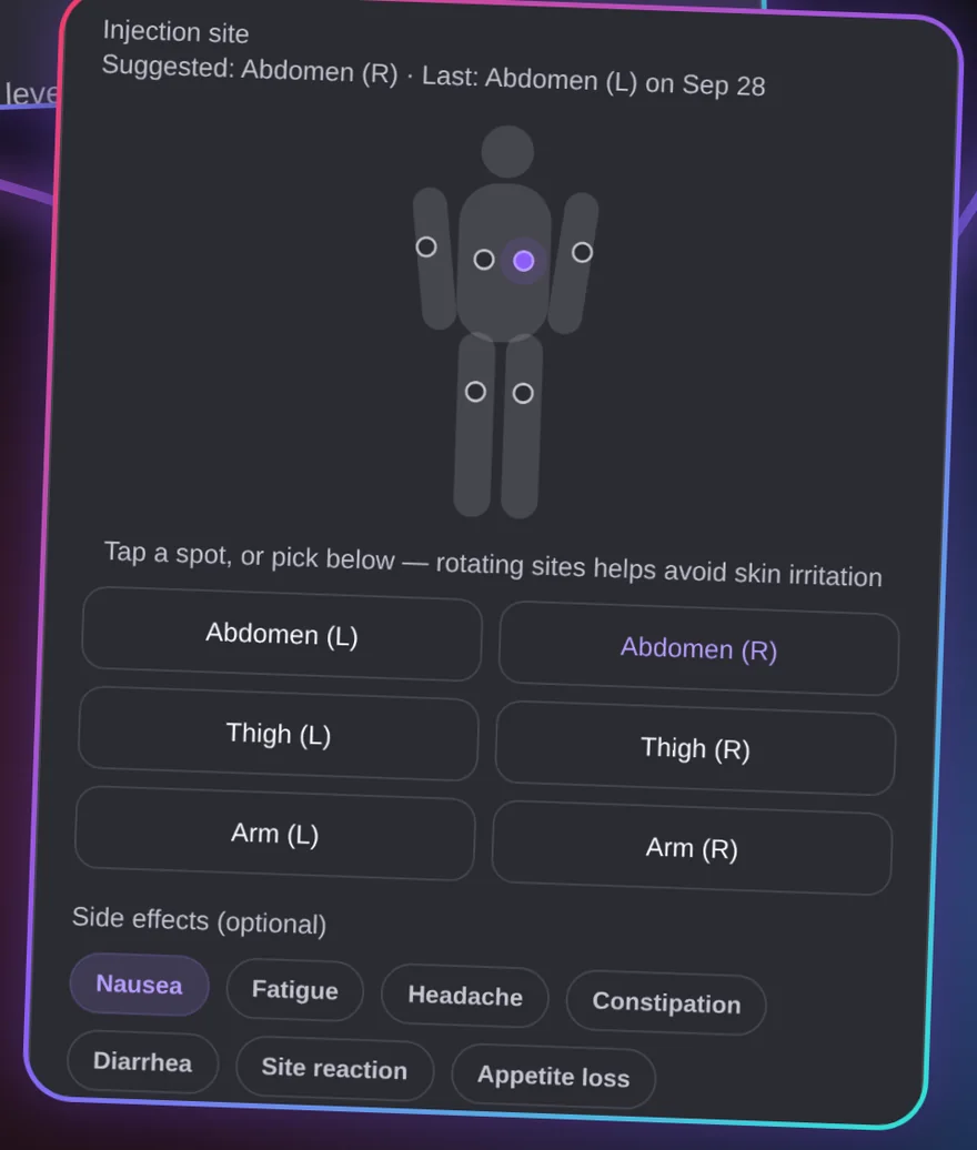 Injection site picker on a body map with side-effect chips