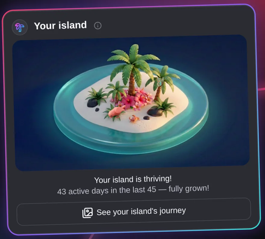 Your island card showing a thriving island with palm trees
