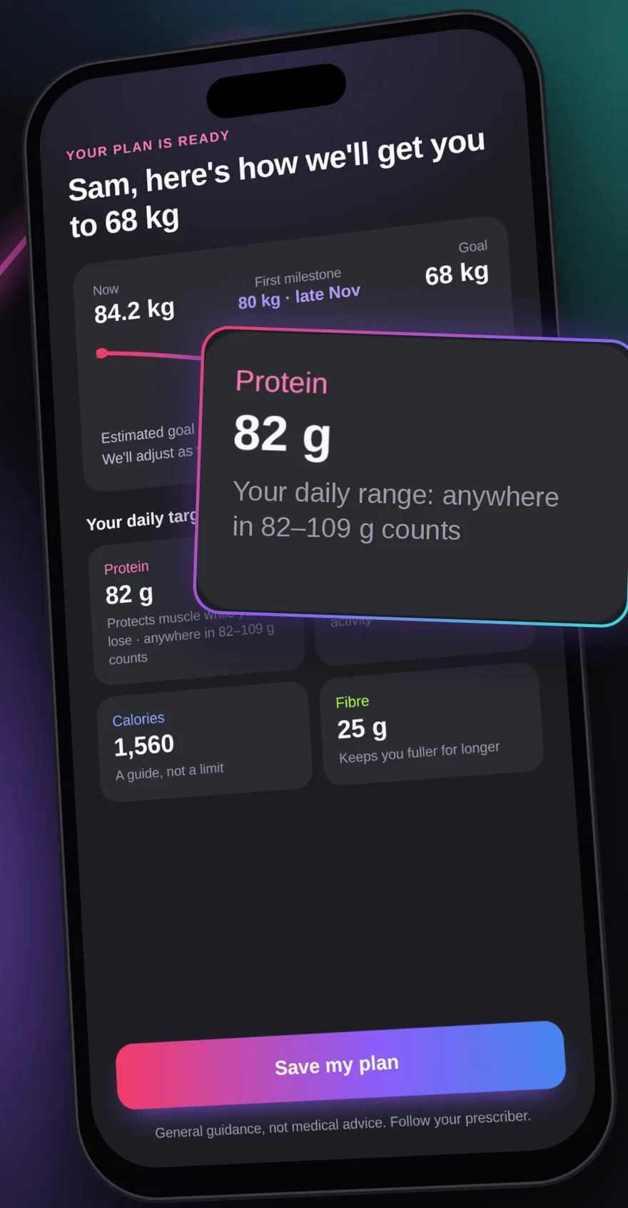 Your plan screen with goal weight, first milestone and daily protein, calorie and fibre targets