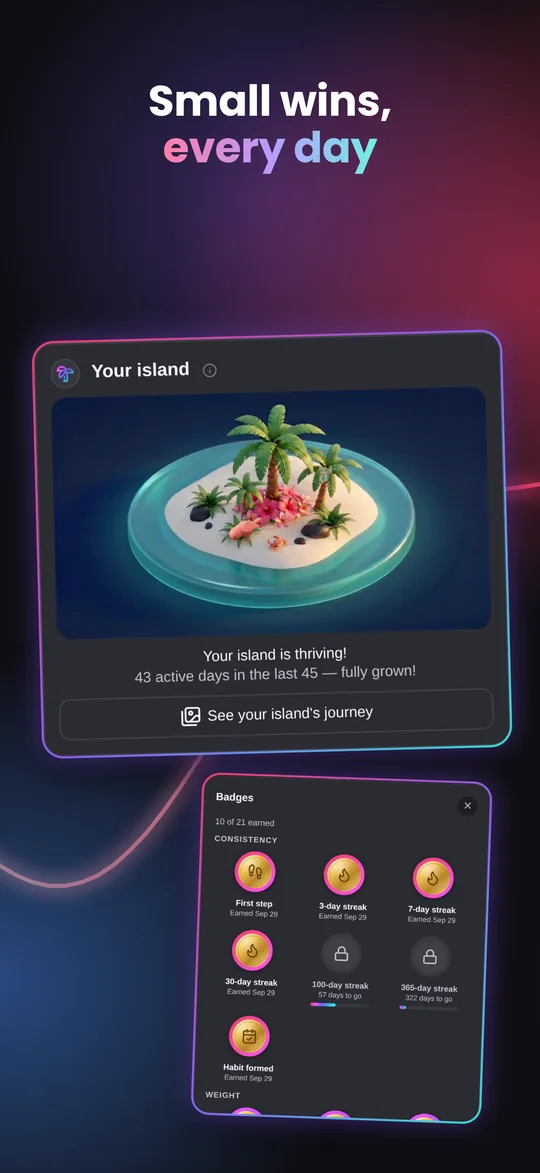 Your island and badges: small wins, every day