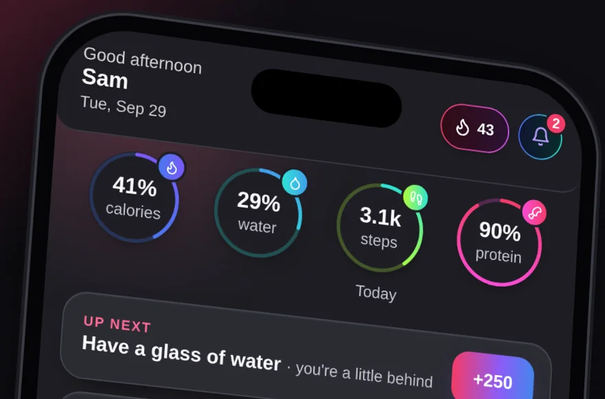 Today screen with calorie, water, steps and protein rings and an Up next suggestion